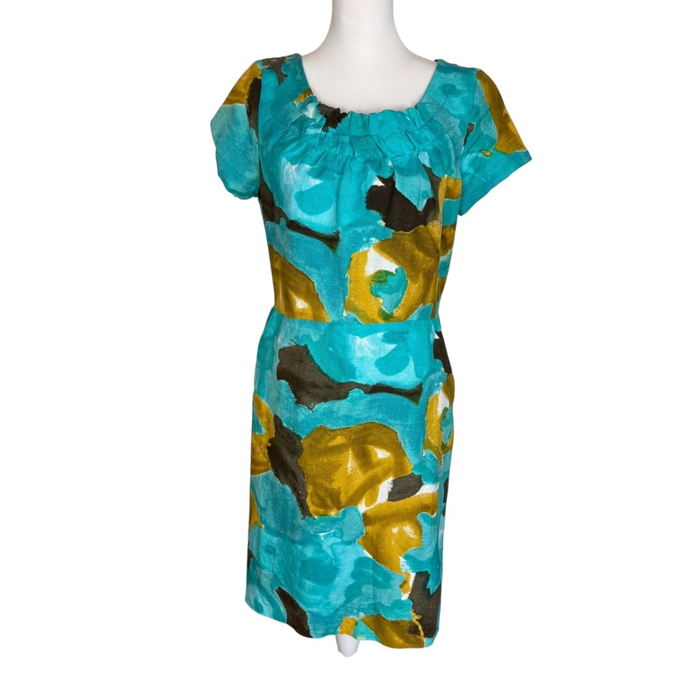 Tibi New York Linen Blend Abstract Floral Sheath Dress Turquoise Mustard S